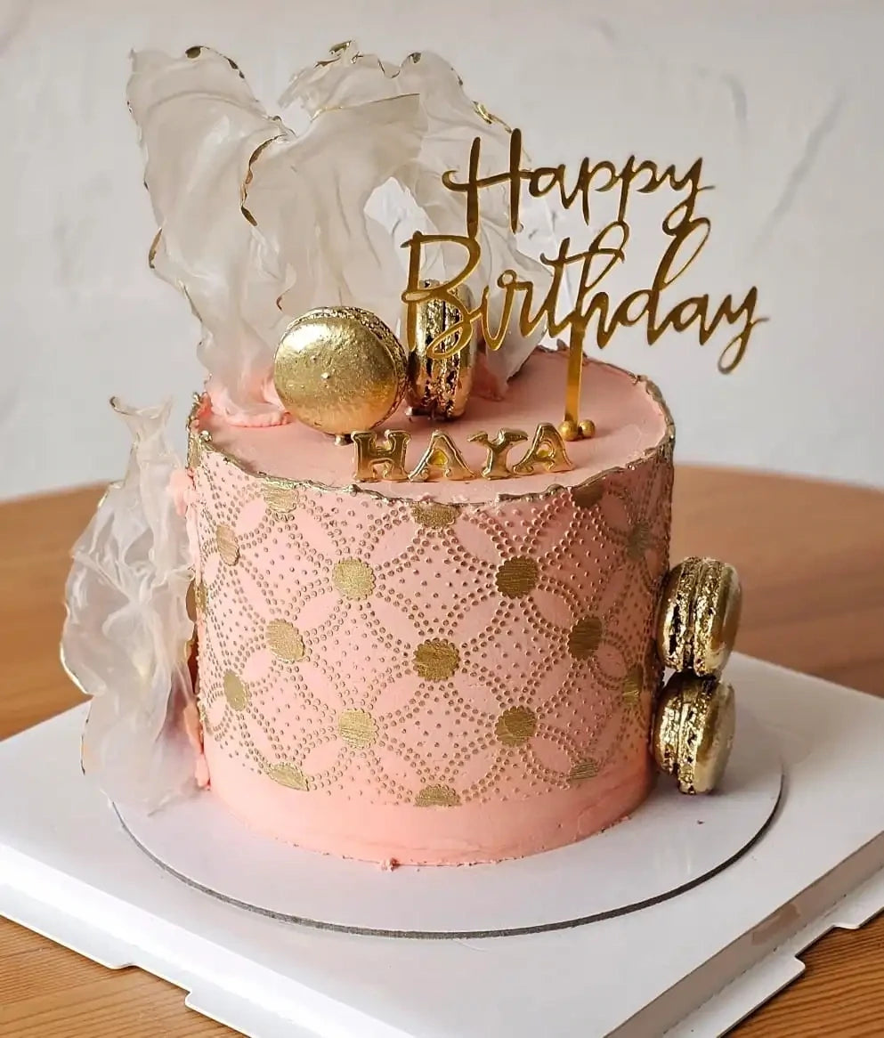 Peach Buttercream cake with Gold macaroons